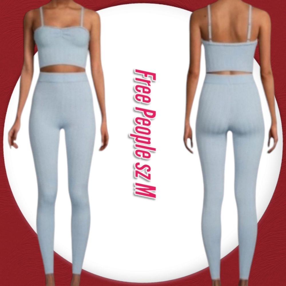 NWT Free People Intimately Morning Light Set Baby Blue Ribbed Knit M - Picture 2 of 14